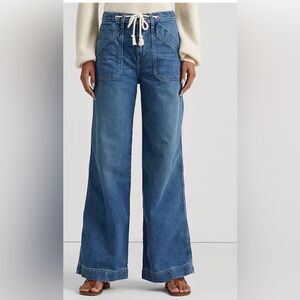 Lauren Ralph Lauren Wide Leg Blue Jeans Draw Cord High Rise Retro Preppy Sz 4